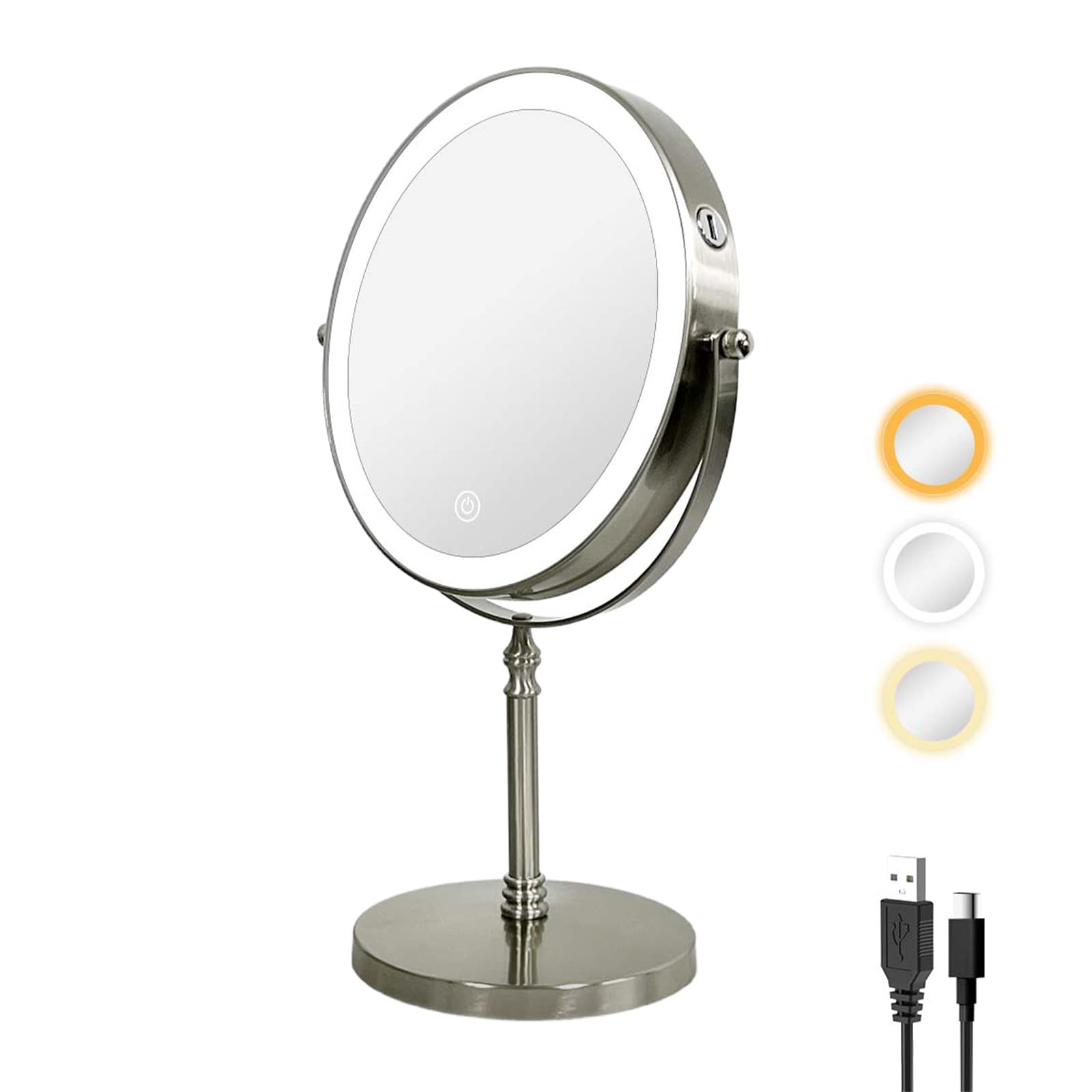 Desktop Makeup Mirror with 3 Color Lighted, 1X/10X Magnifying Mirror with Touch Control & 360°Rotation & Type-C Charging Port-Golden - Image 2