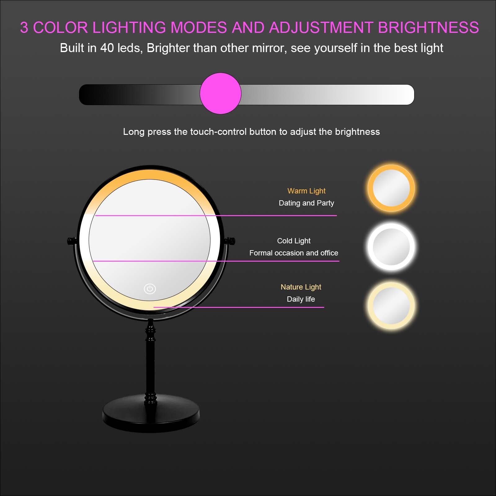 Desktop Makeup Mirror with 3 Color Lighted, 1X/10X Magnifying Mirror with Touch Control & 360°Rotation & Type-C Charging Port-Golden - Image 16