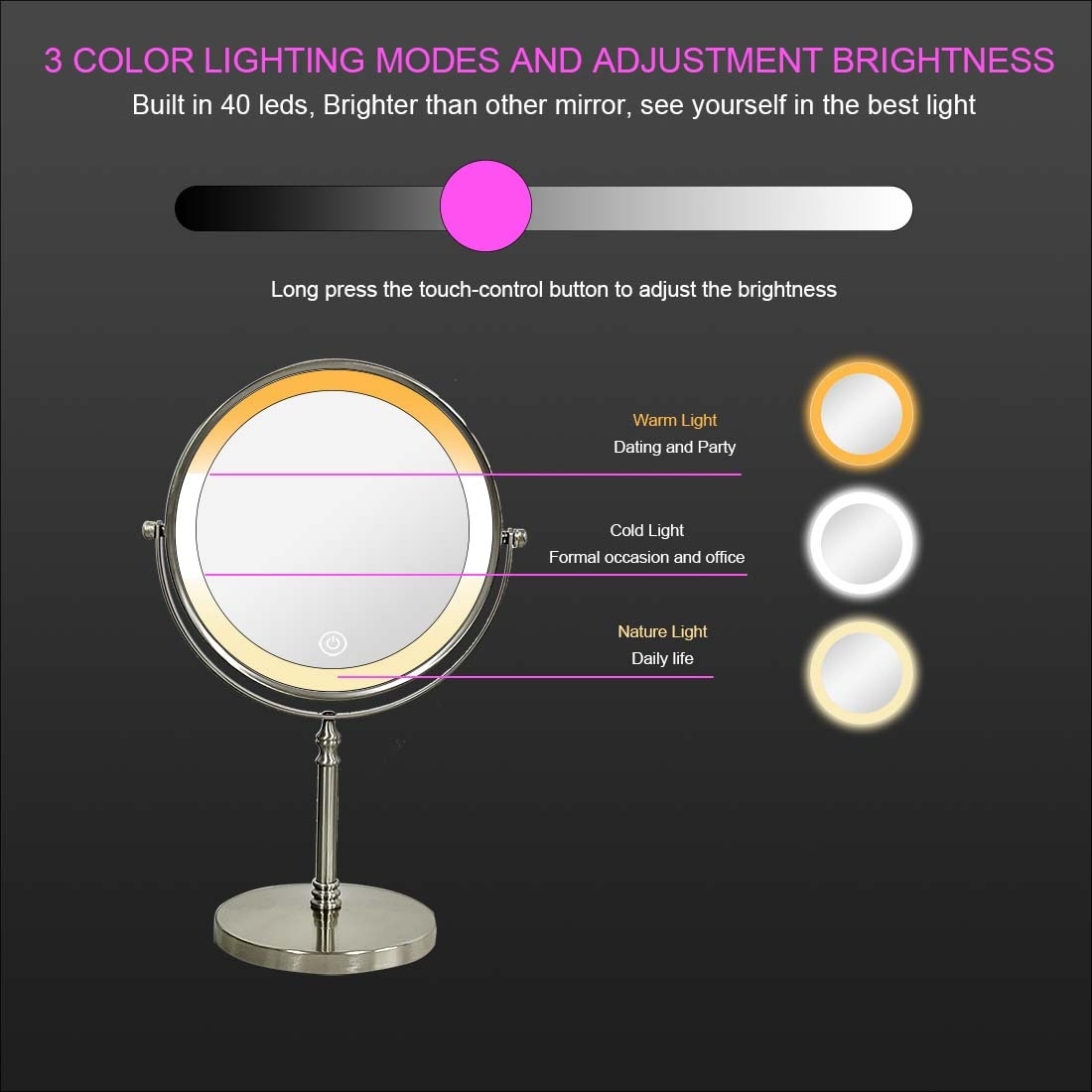 Desktop Makeup Mirror with 3 Color Lighted, 1X/10X Magnifying Mirror with Touch Control & 360°Rotation & Type-C Charging Port-Golden - Image 3