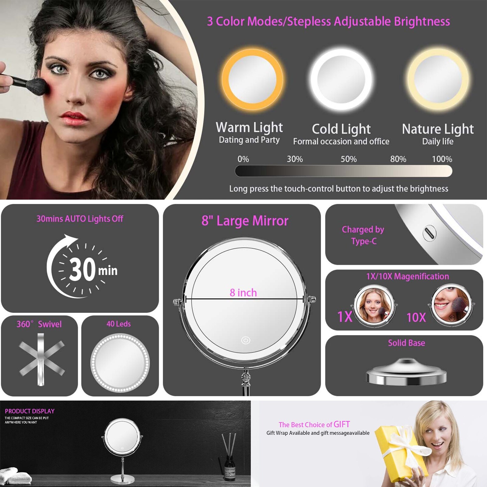Desktop Makeup Mirror with 3 Color Lighted, 1X/10X Magnifying Mirror with Touch Control & 360°Rotation & Type-C Charging Port-Golden - Image 23