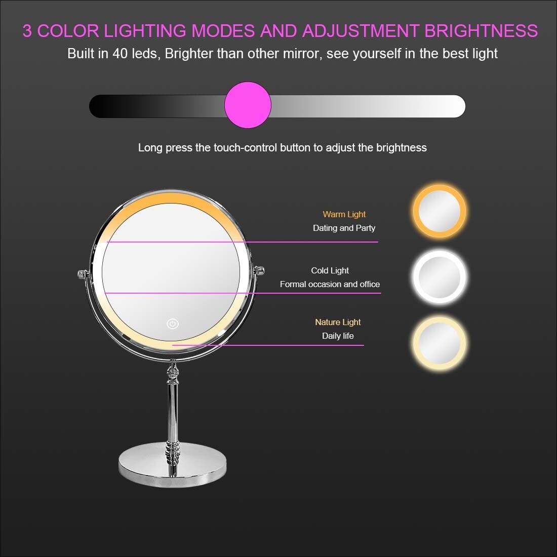 Desktop Makeup Mirror with 3 Color Lighted, 1X/10X Magnifying Mirror with Touch Control & 360°Rotation & Type-C Charging Port-Golden - Image 24