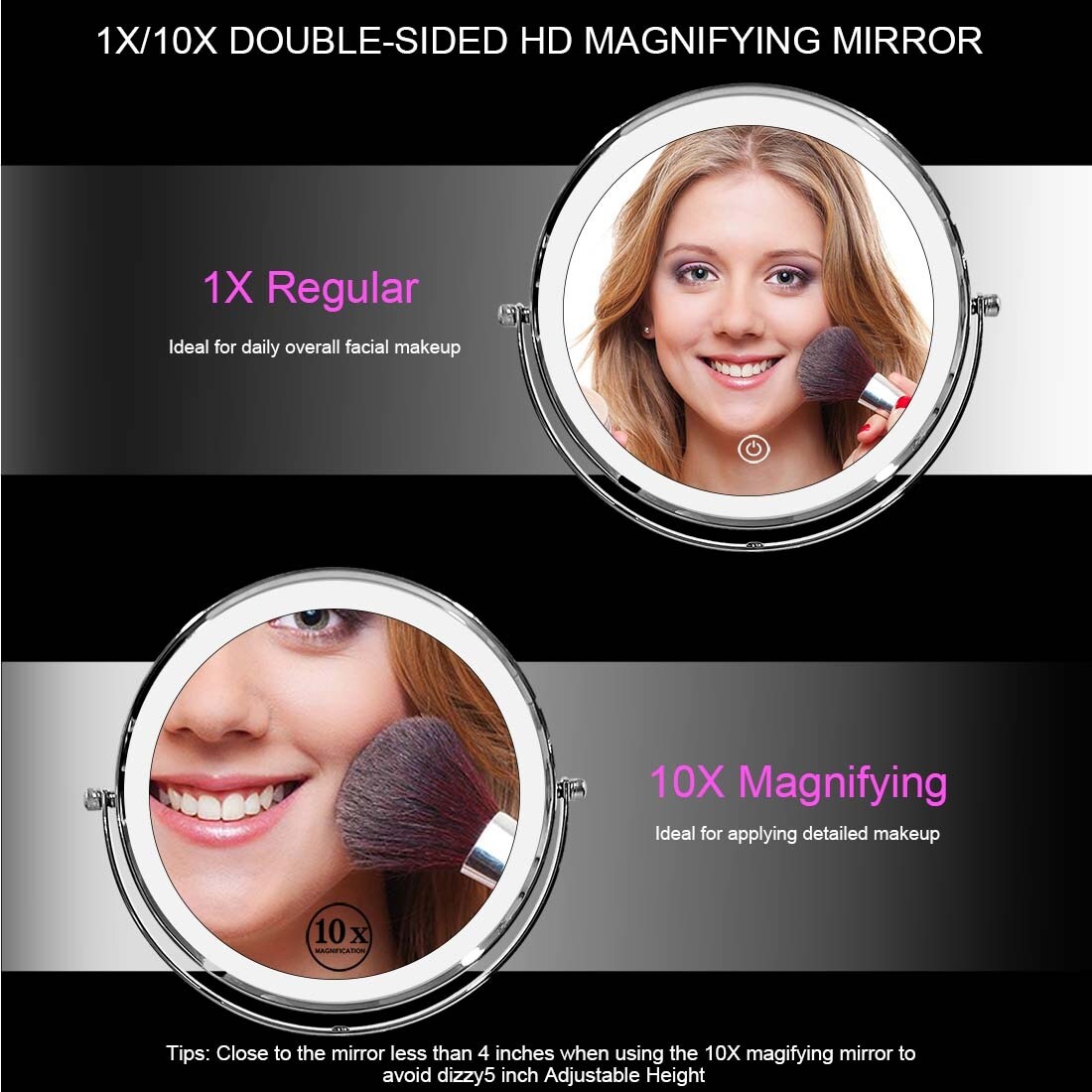 Desktop Makeup Mirror with 3 Color Lighted, 1X/10X Magnifying Mirror with Touch Control & 360°Rotation & Type-C Charging Port-Golden - Image 25