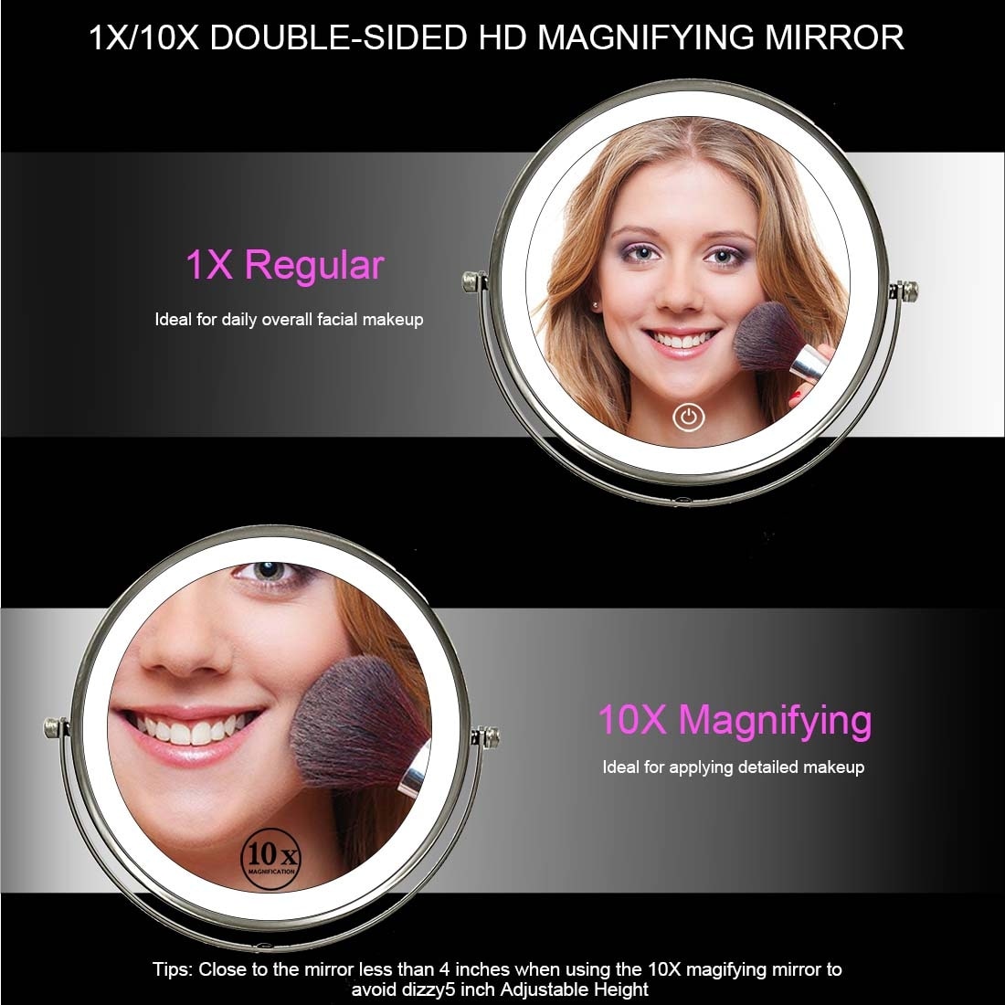 Desktop Makeup Mirror with 3 Color Lighted, 1X/10X Magnifying Mirror with Touch Control & 360°Rotation & Type-C Charging Port-Golden - Image 4