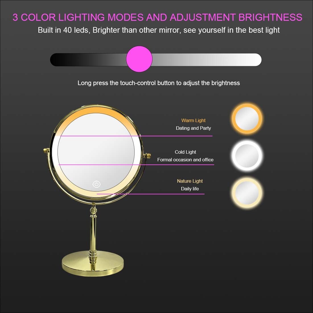 Desktop Makeup Mirror with 3 Color Lighted, 1X/10X Magnifying Mirror with Touch Control & 360°Rotation & Type-C Charging Port-Golden - Image 10