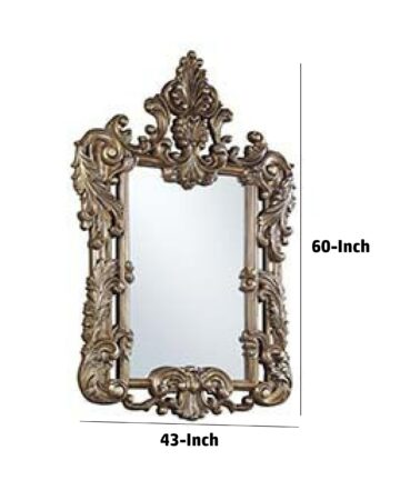 60 Inch Wall Mirror, Oversized Scrolled Carving, Bronze - Brown-Brown