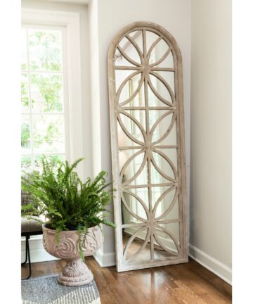 Arched Wood Framed Mirror with Petal Designs-Beige