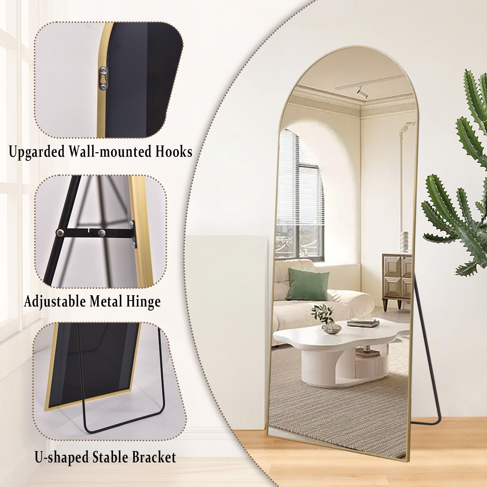 Arch Full Length Mirror Aluminum Alloy Framed Floor Mirror for Wall or Standing-21x64 - Gold - Image 11