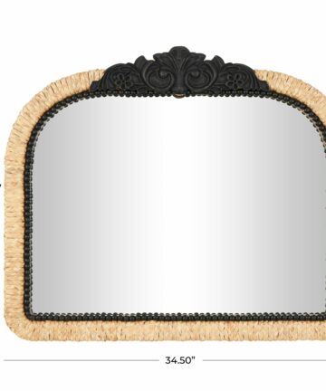 Brown Wooden Woven Floral Wall Mirror with Black Beaded Detailing-Brown