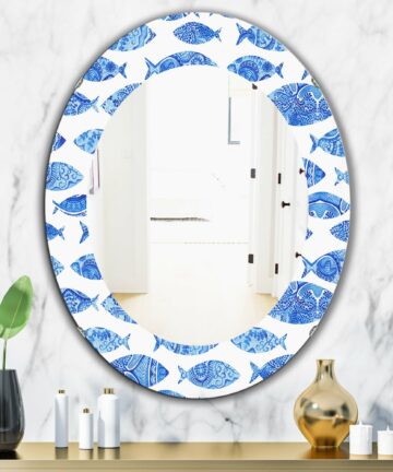 Designart 'Costal Creatures 1' Printed Traditional Frameless Oval or Round Wall Mirror - Blue-32in.x32in.
