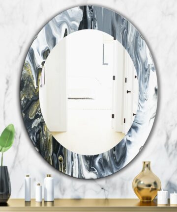 Designart 'Marbled Geode 13' Printed Mid-Century Frameless Oval or Round Wall Mirror - Grey/Silver-24in.x24in.