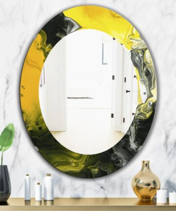Designart 'Marbled Yellow 1' Printed Modern Mirror - Oval or Round Wall Mirror - Gold-20in.x30in.