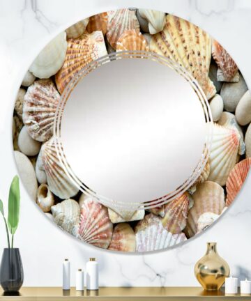 Designart 'Red Orange And White Shells And Stones' Nautical & Coastal Printed Wall Mirror-36in.x36in.