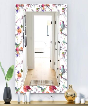 Designart 'Vintage Pattern: Bird, Flowers, Leaves' Farmhouse Mirror - Printed Wall Mirror-23.7 in. wide x 31.5 in. high