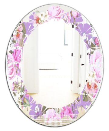 Designart 'pattern with country roses' Printed Modern Round or Oval Wall Mirror - Leaves-24in.x36in.