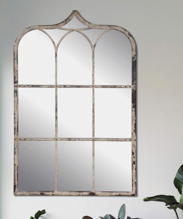 Distressed White Metal Wall Mirror with Arch Designs-White