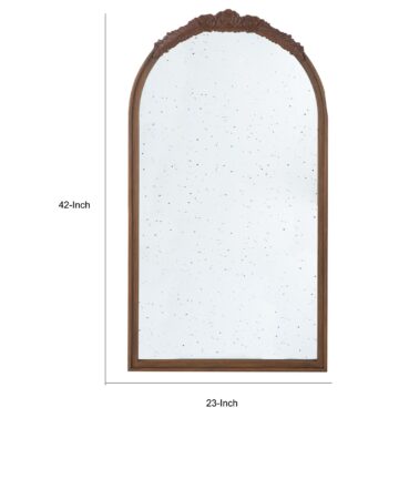 Eel 42 Inch Wall Mirror, Brown Arched Wood Frame, Hand Carved Rose Accent-Brown