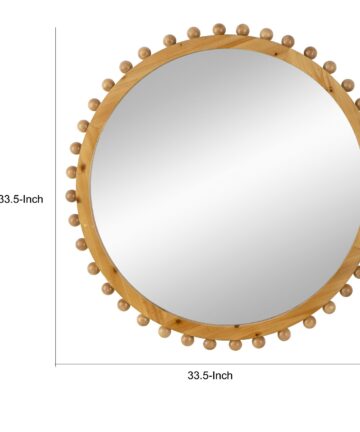 Emu 34 Inch Round Wall Mirror with Beaded Natural Brown Fir Wood Frame-Brown