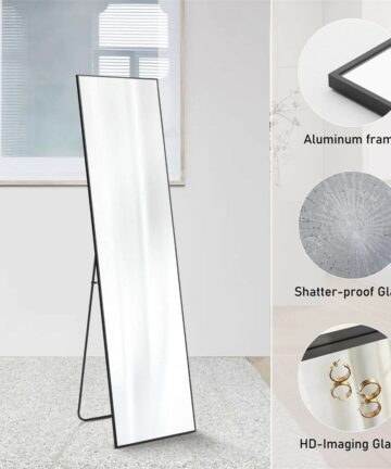 Floor Standing Mirror,Wall Mirror with Stand Aluminum Alloy Thin Frame-Black