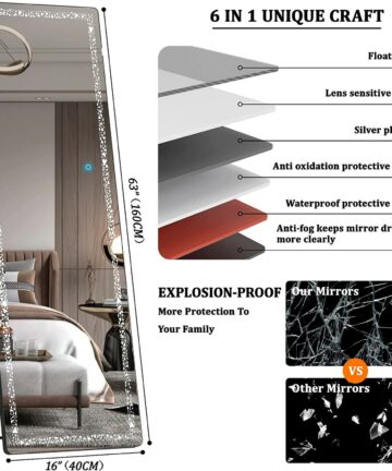 Full Length Mirror with LED Lights, Full Body Mirror with Triangle Pattern Light, LED Free Standing Floor Mirror-White 44"x16"