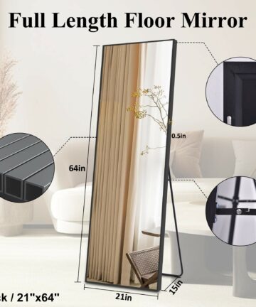 Full Length Mirror, Black Frame Floor Mirror with Stand, Large Rectangle Full Body Mirror for Bedroom Living Room-Black