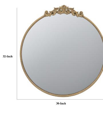 Kea 32 Inch Vintage Round Wall Mirror, Gold Metal Frame, Baroque Design-Gold