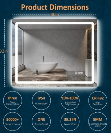 LED Bathroom Mirror with Front and Backlight, Anti-Fog, 3-Color Dimmable-Backlight - 40*32 in