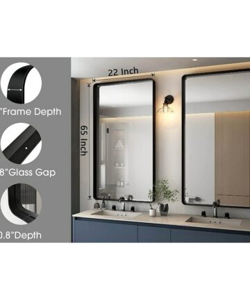 Large Black Metal Framed Bathroom Mirror, Rectangle Round Corner Matte Framed Mirror for Wall, Modern Wall Mounted Mirror-55x30