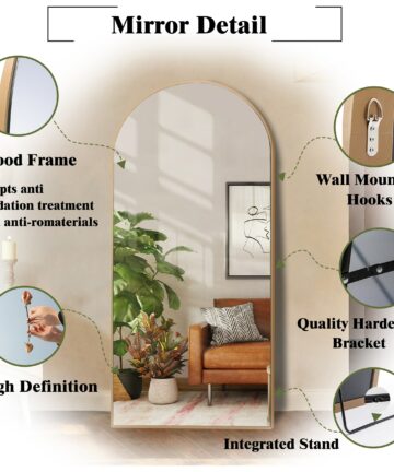 Modern Arched Mirror Full Length Floor Mirror with Stand - 65"x22"-65"x22" - Antique Gold