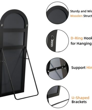Modern Large Arched Wood Frame Floor Mirror Wall Mount Full-length Mirror-Black