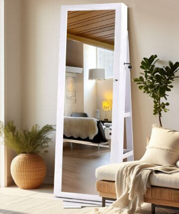 SOGES Standing Lockable Jewelry Armoire Large Storage Cabinet with Full-Length Mirror - 62.4"×14.8"-Brown