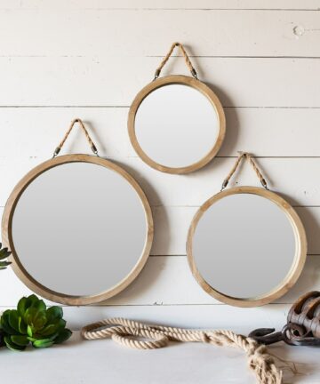 Set of 3 Beige Wooden Framed Beveled Round Wall Mirrors 17.75"-Beige