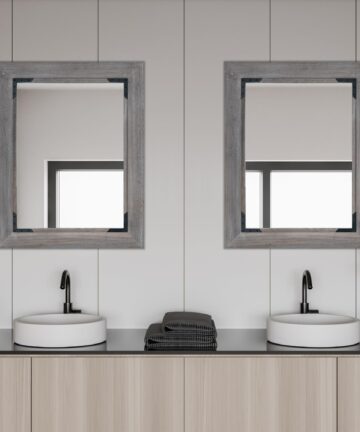 Solid Wood Bathroom Mirror Tempered Glass for Wall Mounted-28.5"W - Grey