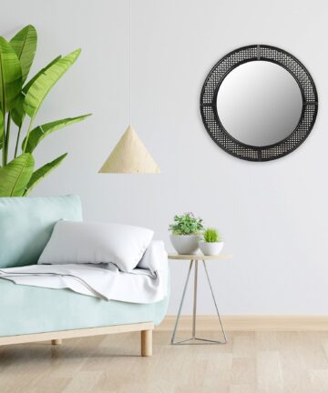 Truu Design Black Rattan-Style Round Wall-Mounted Mirror, 30"-Black