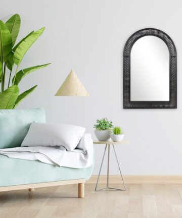 Truu Design Rattan-Style Arched Wall-Mounted Mirror, 24"x36"-Black