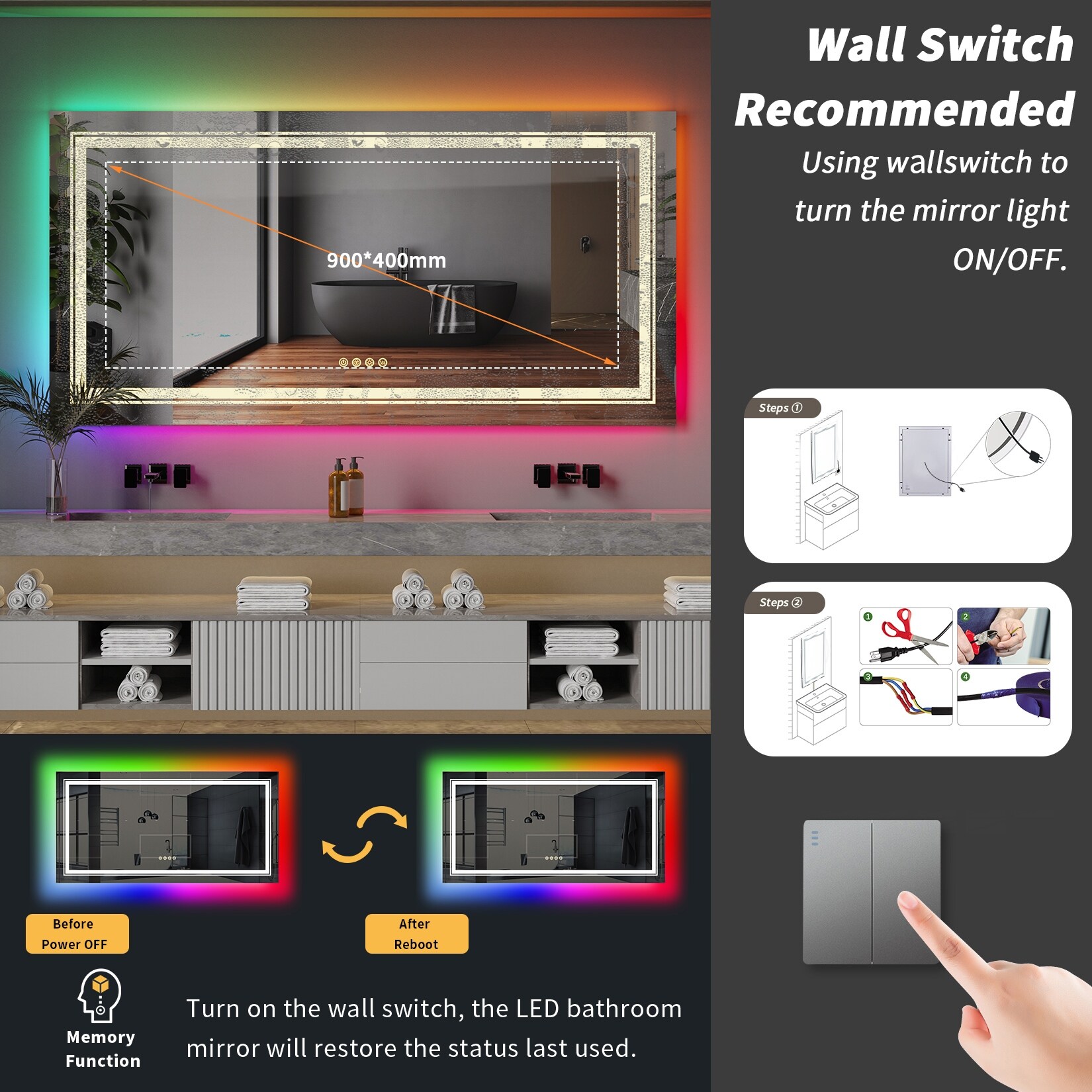 Wall Bathroom Mirror Frameless 8 Color RGB Backlit 3 Front Lighted for Small Medium Extra Large Oversized Mirrors-24 in.W x 24 in.H - Round - Image 12