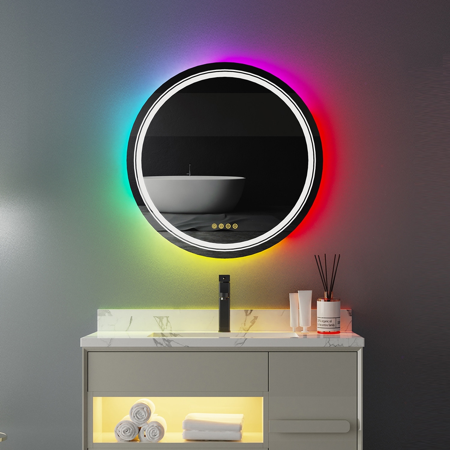 Wall Bathroom Mirror Frameless 8 Color RGB Backlit 3 Front Lighted for Small Medium Extra Large Oversized Mirrors-24 in.W x 24 in.H - Round - Image 18