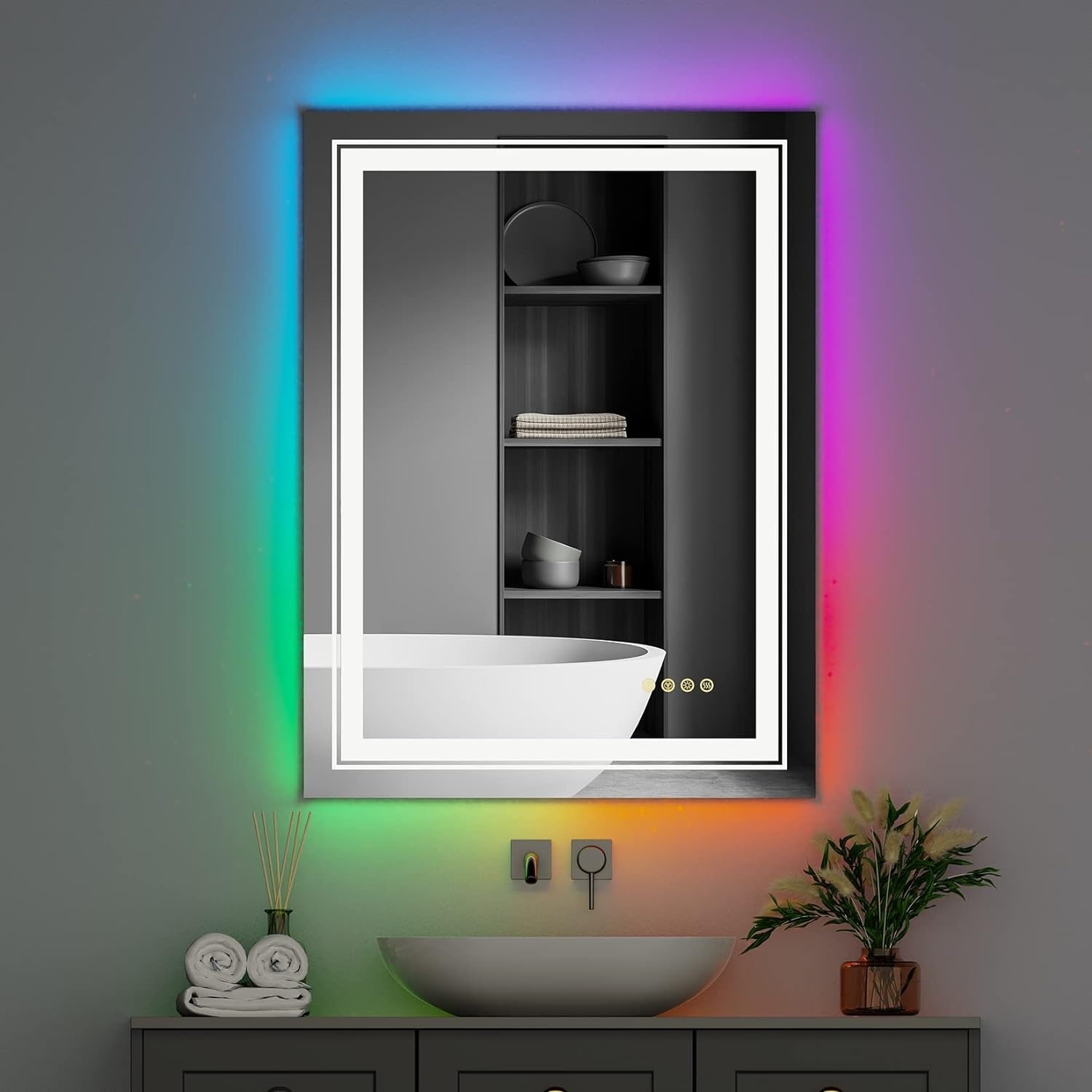 Wall Bathroom Mirror Frameless 8 Color RGB Backlit 3 Front Lighted for Small Medium Extra Large Oversized Mirrors-24 in.W x 24 in.H - Round - Image 22