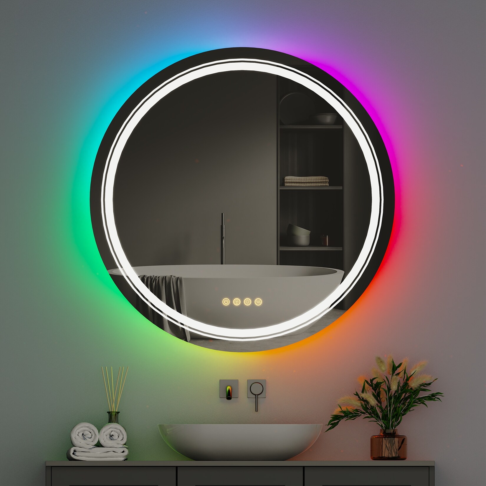Wall Bathroom Mirror Frameless 8 Color RGB Backlit 3 Front Lighted for Small Medium Extra Large Oversized Mirrors-24 in.W x 24 in.H - Round - Image 23