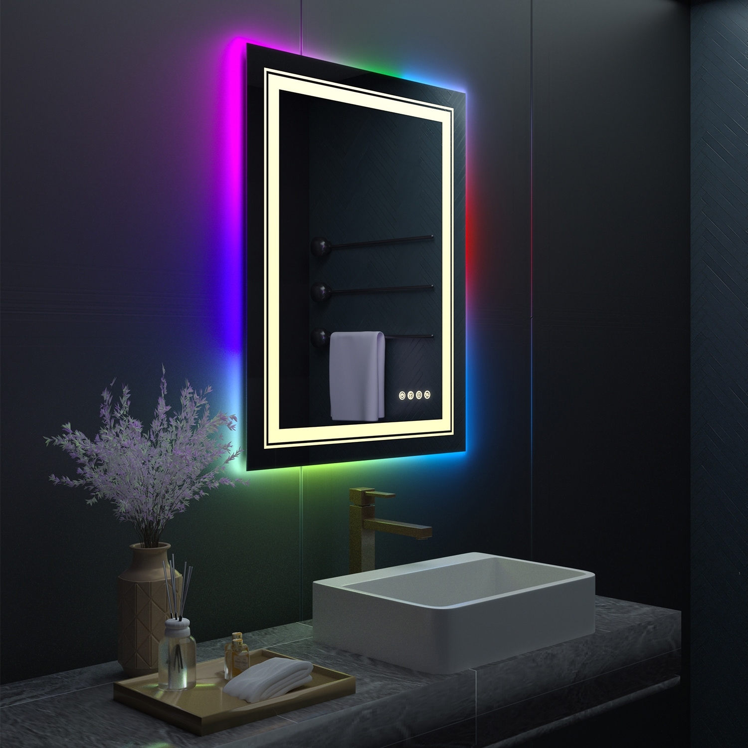 Wall Bathroom Mirror Frameless 8 Color RGB Backlit 3 Front Lighted for Small Medium Extra Large Oversized Mirrors-24 in.W x 24 in.H - Round - Image 33