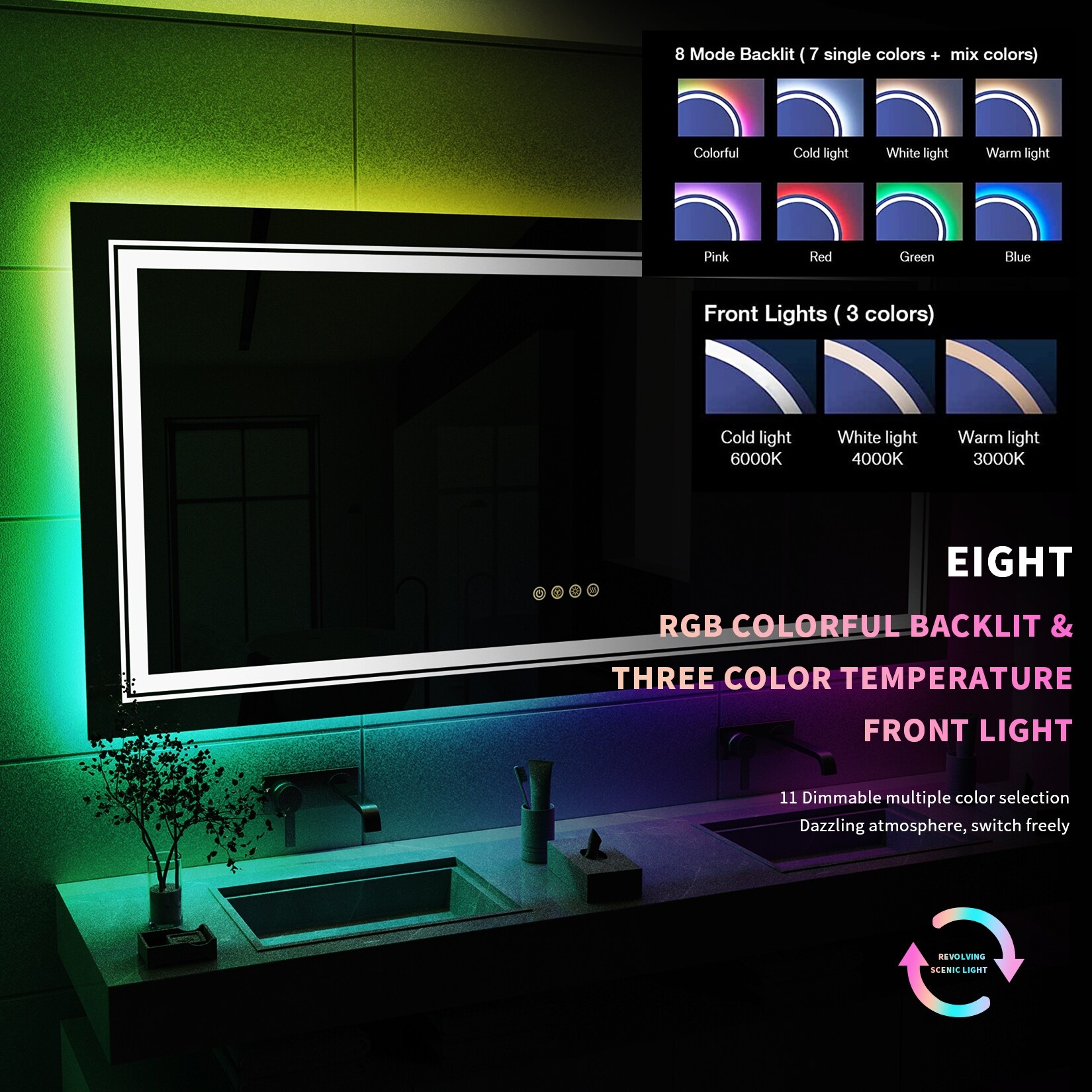 Wall Bathroom Mirror Frameless 8 Color RGB Backlit 3 Front Lighted for Small Medium Extra Large Oversized Mirrors-24 in.W x 24 in.H - Round - Image 9