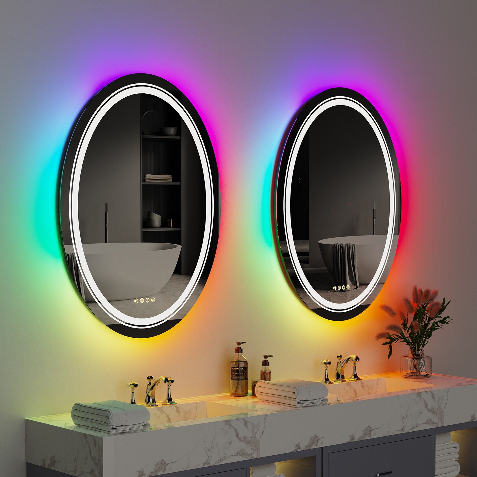 Wall Bathroom Mirror Frameless 8 Color RGB Backlit 3 Front Lighted for Small Medium Extra Large Oversized Mirrors-24 in.W x 24 in.H - Round