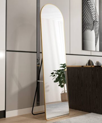 floor mounted full length mirrors. Aluminum alloy metal frame arched wall mirror, bathroom makeup mirror, bedroom porch-Gold