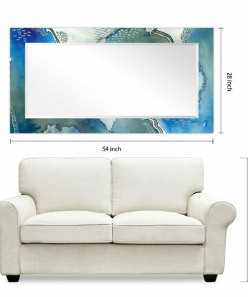 Subtle Blues Rectangular Beveled Mirror on Free Floating Printed Tempered Art Glass - Clear - 54" x 28"-54" x 28" - Clear