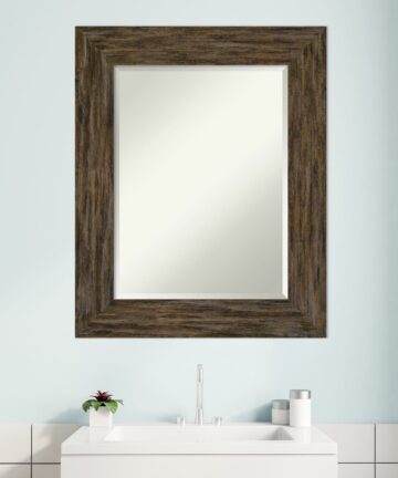 Beveled Wood Bathroom Wall Mirror - Fencepost Brown Frame-Outer Size: 43 x 31 in