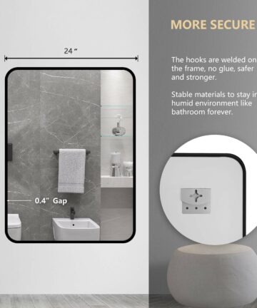 Bathroom Vanity Mirror Rectangular Metal Framed Wall in Matt Black Hang Horizontally and Vertically-24×36