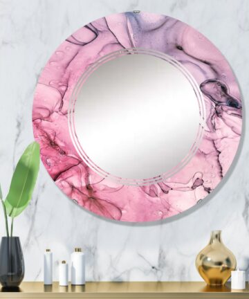 Designart 'Pink And Blue Abstract Marble II' Printed Modern Wall Mirror-24in.x24in.