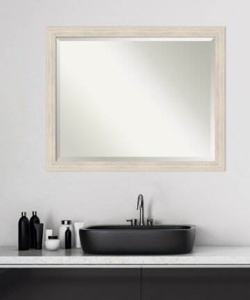 Beveled Wood Bathroom Wall Mirror - Hardwood Whitewash Narrow Frame - Hardwood White Wash Narrow-Outer Size: 39 x 27 in