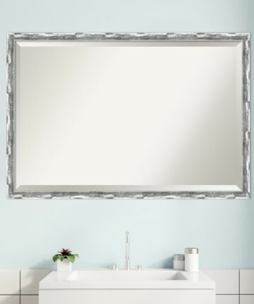 Beveled Bathroom Wall Mirror - Scratched Wave Chrome Frame - Scratched Wave Chrome-Outer Size: 22 x 22 in